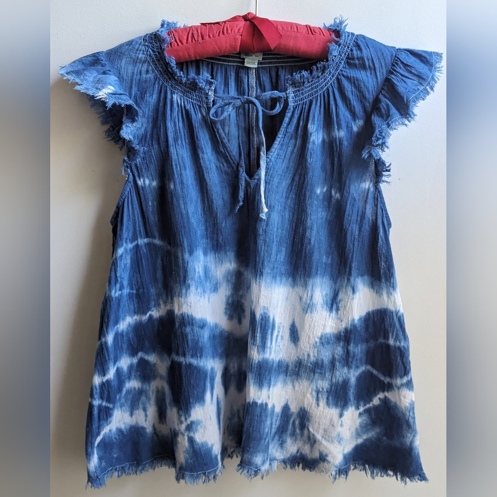 UPCYCLED  AEO Aerie 100% Woven Cotton Indigo Hand Dyed Top Size M